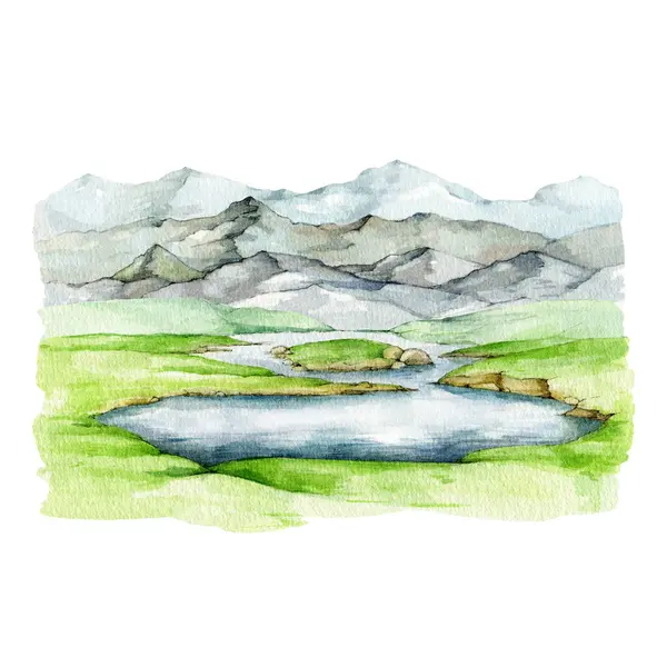 Mountain lake in green valley watercolor illustration. Hand drawn mountain valley with lake landscape element. Natural outdoor scene. Rocky mountains with alpine pond. Isolated on white background.