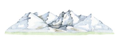 Yüksek kayalık dağ sırası manzarası. Suluboya resim. El çizimi tepe elemanı. Rocky dağları doğal manzara. Dağ sırası beyaz arkaplanda izole edildi.