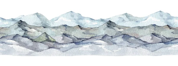 Mountain range seamless border. Watercolor painted illustration. Hand drawn snowy high hills and cliffs. Rocky mountains border natural landscape element. Mountain range isolated on white background.