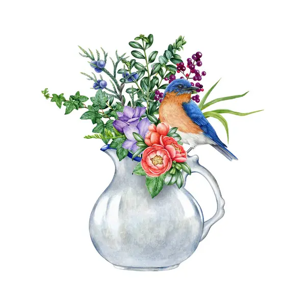 Garden flowers in the white porcelain jug decoration. Watercolor illustration. Hand drawn vintage style floral decoration with garden flowers, ivy, grass and bluebird. isolated on white background.