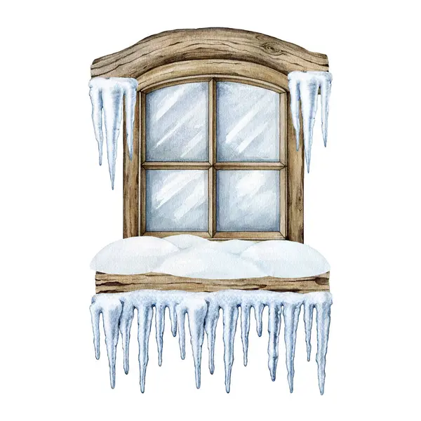 Winter window frame with snow, icicles. Watercolor illustration. Hand drawn vintage style window with snow and icicles element. Vintage house element winter time image. Isolated on white background.