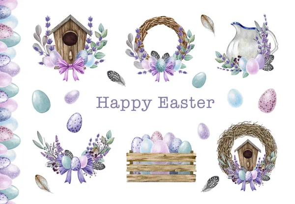Easter festive decor set in tender colors. Watercolor illustration. Painted tender colored eggs, rustic vintage style elements, wreath, flowers, border element Easter collection. White background.