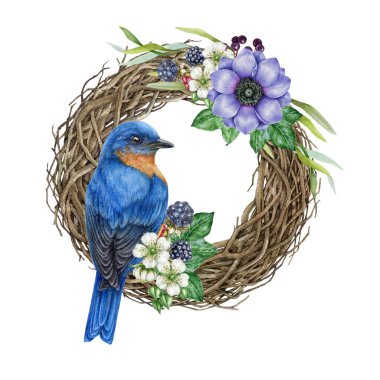 Floral decor wreath with bird. Watercolor vintage style painted illustration. Hand drawn rustic decoration. Vine wreath with garden flowers, ivy leaves, berries, bluebird. White background. clipart