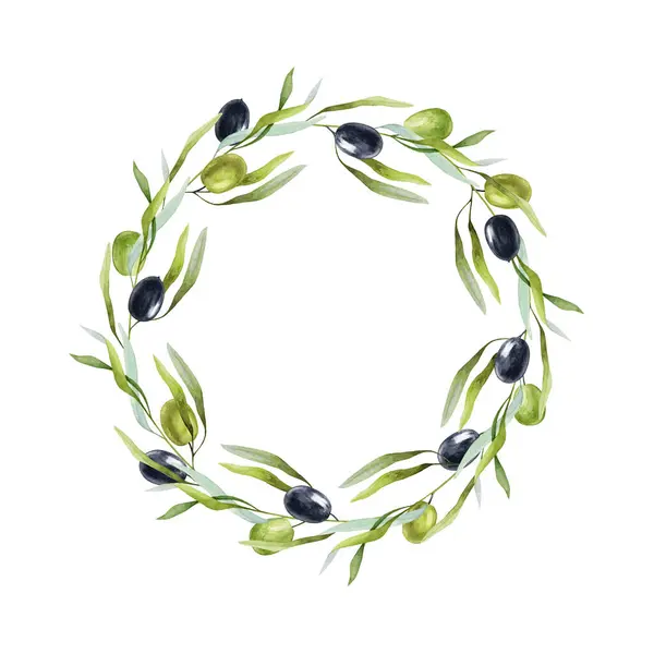 Olive branch round wreath watercolor illustration. Elegant round frame with green leaves and olives decor. Hand drawn olive wreath decoration. Isolated on white background.