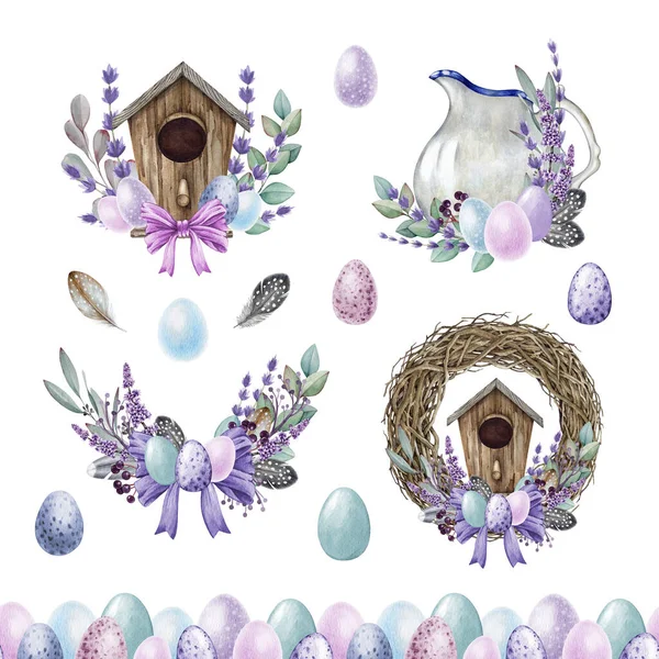 Easter festive decor set in tender colors. Watercolor illustration. Painted tender colored eggs, rustic vintage style elements, wreath, spring flowers, border element collection. White background