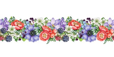 Bahçe çiçekleri pürüzsüz sınır dekoru. Suluboya çizimi. Yeşil yapraklı, dikişsiz kenarlı, el yapımı bahçe çiçekleri. Anemon, frezya, böğürtlen süslemesi. Beyaz arkaplan.