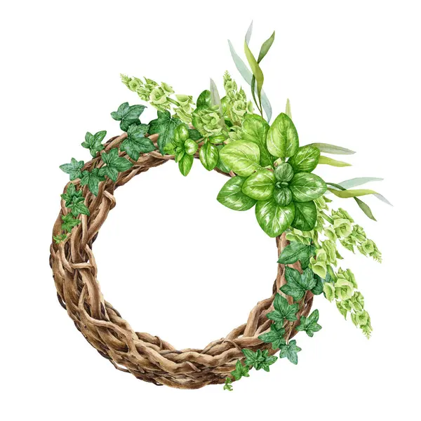 Vine wreath with green leaves decor. Watercolor illustration. Hand painted decorative element. Round decor wreath with green lush leaves, twigs, branches. Vintage style decor. White background.