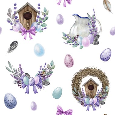 Paskalya bayramı dekoru pürüzsüz renklerde. Suluboya resim. Elle çizilmiş eski usul elementler, yumuşak renkli yumurtalar, çelenkler, bahar çiçekleri. Beyaz arkaplan.