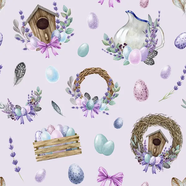 Easter decorative seamless pattern in lavender colors. Watercolor painted illustration. Hand drawn rustic vintage style elements, tender colored eggs, wreath, spring flowers. Festive Easter pattern.