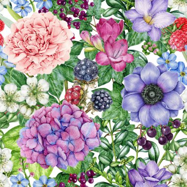 Parlak, yemyeşil bir çiçek deseni. Suluboya çizimi. Şakayık, frezya, ortanca, ahududu, çiçek desenli yeşil yapraklar. Beyaz arka planda yemyeşil çiçek süsü.