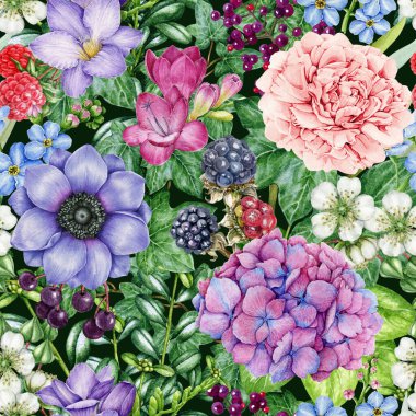 Güzel, parlak bahçe çiçekleri pürüzsüz desen. Suluboya çizimi. Koyu arkaplanda yemyeşil bir çiçek süsü. Şakayık, frezya, ortanca, ahududu, bahçedeki yeşiller dikişsiz desen..