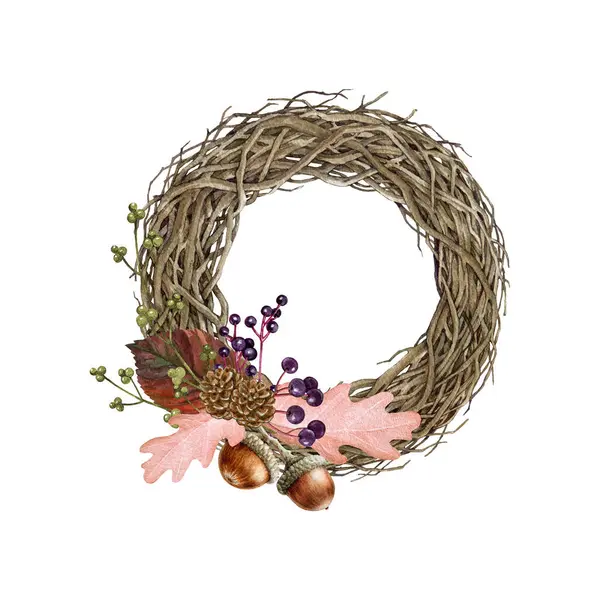 Sonbahar şenlik çelengi. Suluboya çizimi. Doğal elementlerle boyanmış sarmaşık çelengi, düşmüş yapraklar, meşe palamudu, böğürtlen, koni. Doğal orman elementleriyle dekoratif kır çelengi..