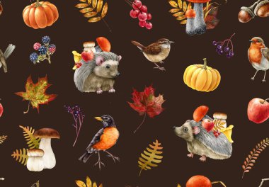 Sonbahar dekoru kusursuz desen. Suluboya resim. Orman doğal elementleri, mantarlar, böğürtlenler, düşen yapraklar, kuşlar, kirpiler kusursuz desenler. Sonbahar sıcacık renk dekoru.