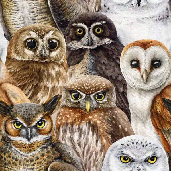 stock image Owl bird seamless pattern. Watercolor painted illustration. Hand drawn different owls seamless pattern. Vintage style realistic illustration. Barn, pigmy, polar, snow owl element images.