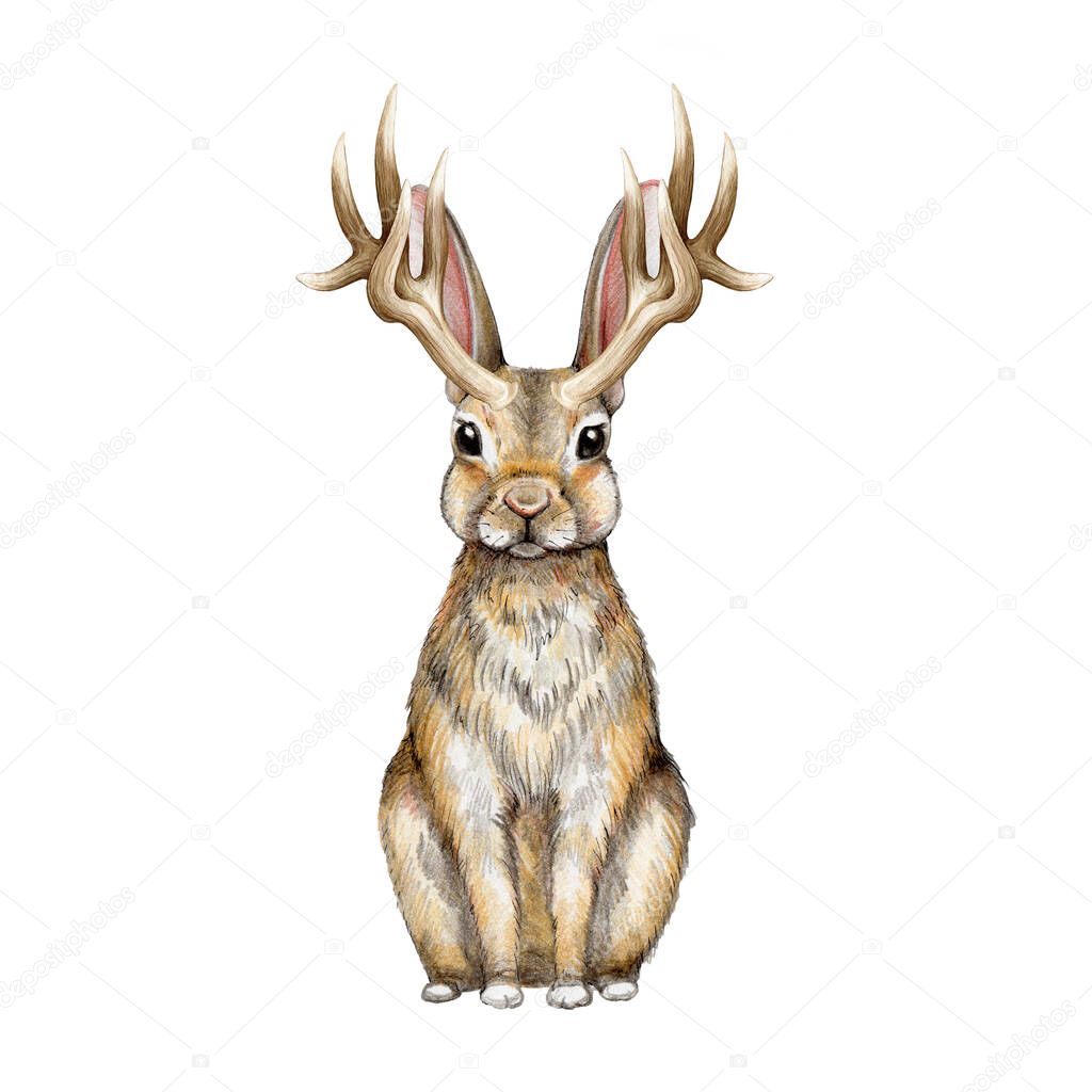 Jackalope myth rabbit creature watercolor illustration. Hand drawn wild mythological folklore animal. Rabbit with horns vintage style illustration. Sitting jackalope image on white background.