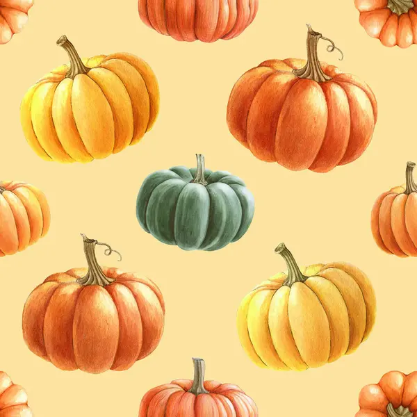 Bright Pumpkins Seamless Pattern Watercolor Painted Illustration Hand Drawn Ripe — Stock Photo, Image