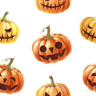 Cadılar Bayramı komik balkabakları kusursuz desen. Suluboya çizimi. El çizimi korkunç turuncu balkabağı ve kusursuz bir gülümseme. Cadılar Bayramı element bayramı bayramı sembolü. Beyaz arkaplan.