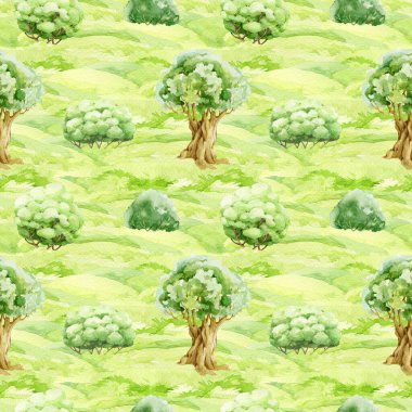 Ağaç ve çalılık desenli çimenler. Suluboya çizimi. Elle çizilmiş doğa manzarası elementi. Yeşil otlar ağaçlar ve çalılarla yemyeşil çayırlar..