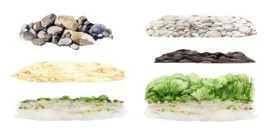 Yeşil çimen, kumlu, çakıl taşı, toprak zemin suluboya çizim seti. Çimenli, kayalık, topraksı, kum manzarası arka plan element koleksiyonu. Beyaz arkaplanda çeşitli doğal yüzeyler.