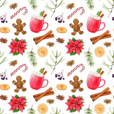 Kış mevsimi sıcacık, kusursuz şenlik düzeni. Suluboya çizimi. Noel hediyeleri, şekerleme, tarçın, çam dalı, şeker kamışı elementleri. Şenlikli Noel zamanı Dekoratif süslemesiz desen.