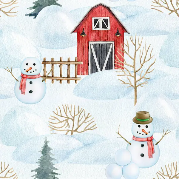 stock image Christmas season snowman seamless pattern. Christmas tree, snowman, snow, rad barn, winter landscape on blue background. Traditional vintage style gift wrap design. Painted watercolor digital paper.