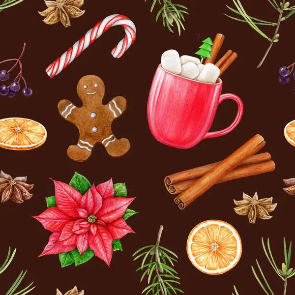 stock image Winter time cozy festive seamless pattern. Watercolor illustration. Christmas treats, marshmallow, cinnamon, pine branch, sugar cane elements. Christmas season cozy decorative seamless pattern.