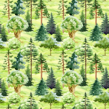 Orman pürüzsüz desen. Suluboya çizimi. Elleri farklı şekillerde büyüyen ağaçlar çizmiş. Meşe, çam, köknar ağacı, çalılıklar. Doğal park manzarasında çeşitli bitkiler yemyeşil..