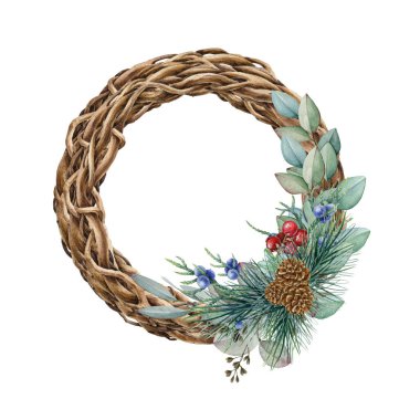 Çam ağacı ve okaliptüs dallı kışın asma çelengi. Suluboya çizimi. El yapımı sarmaşık çelengi, çam dalları, okaliptüs, ardıç, kırmızı böğürtlen. Noel zamanı şenlikli çiçek dekoru.
