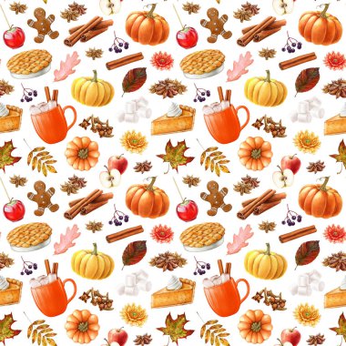 Sonbahar, sıcak renklerde, pürüzsüz desen. El yapımı balkabağı, latte, tart, elmalı turta, dökülen yapraklar ve beyaz arka planda sonbahar çiçekleri. Lezzetli Şükran Günü geleneksel ziyafetleri.