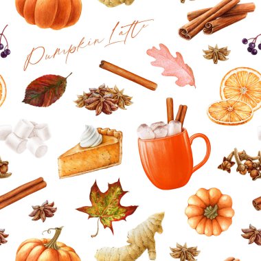 Sonbahar, sıcak renklerde, rahat, pürüzsüz bir desen. Kabak aromalı latte içeceği, tarçın, karanfil, elmalı turta, düşmüş yapraklar ve çiçek elementleri. Sonbahar mevsimi lezzetlidir. Kusursuz bir tat verir..