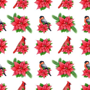 Kış zamanı kusursuz şenlik düzeni. Klasik çizim. Noktalı çiçeklerin geleneksel Noel dekoru, kuşların boyanmış elementleri. Beyaz arka planda kış mevsimi parlak, pürüzsüz desen