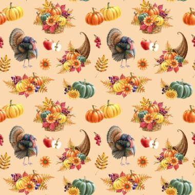 Şükran Günü geleneksel dekorasyonsuz desen. Suluboya klasik resim. Şükran Günü sonbahar dekorasyonu, balkabakları, hindi kuşu güz güz gülü ılık renkler pürüzsüz desen tasarımı.