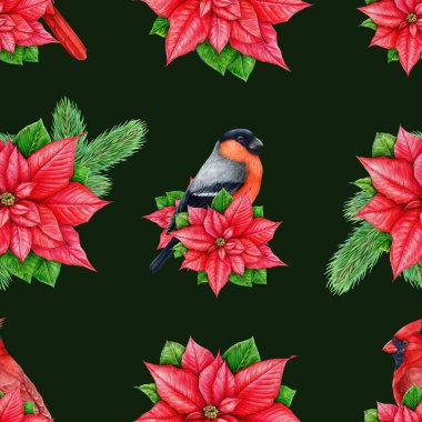 Kış zamanı kusursuz şenlik düzeni. Klasik çizim. Geleneksel Noel dekoru, noktalı çiçekler, boyalı kuşlar. Kış mevsimi koyu arka planda parlak, pürüzsüz desen.