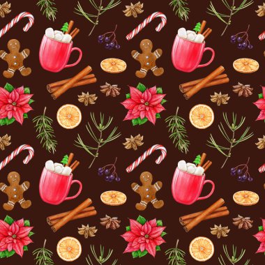 Kış mevsimi Noel 'i kusursuz geçer. Suluboya çizimi. Noel hediyeleri, şekerleme, tarçın, çam dalı, şeker kamışı elementleri. Kış mevsimi rahat dekoratif pürüzsüz desen.