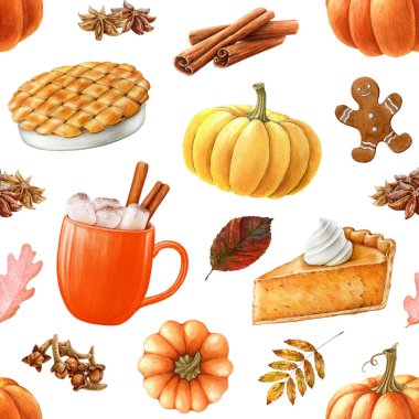 Şükran Günü geleneksel yemekleri ve içecekleri kusursuz. Resimli çizim. El yapımı balkabağı, elmalı turta, pasta, karamel latte, tarçın, beyaz arka planda karanfil elementleri. Sonbahar ruh hali modeli.