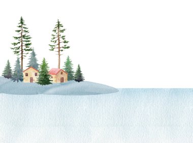 Kışın kırsal alanda küçük evler, çam ağaçları, kar ve buz olur. Vintage boya çizimi. Elle çizilmiş kış mevsimi manzarası, karla kaplı..