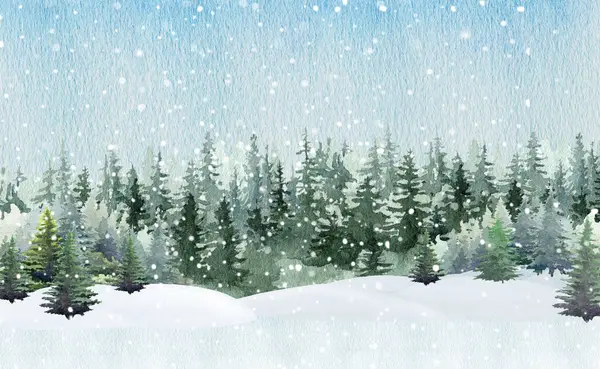Kar yağışı sırasında çam ormanı. Vintage boya çizimi. Kış mevsimi kırsal manzara çam ağaçları, karla kaplı Noel ağacı, kar yığınları, kar taneleri.