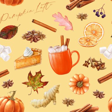 Sonbahar, sıcak renklerde, pürüzsüz desen. Elle çizilmiş sonbahar içecekleri, tatlılar, baharatlar. Balkabağı turtası, karamel latte, tarçın, karanfil boyalı elementler..