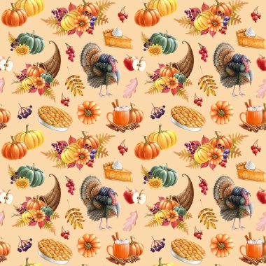 Şükran Günü dekor elementleri kusursuz şenlik düzeni. Suluboya resim. Elle çizilmiş geleneksel Şükran Günü süslemesi, yemek, hindi kuşu, ılık sonbahar renkleri, pürüzsüz desen..