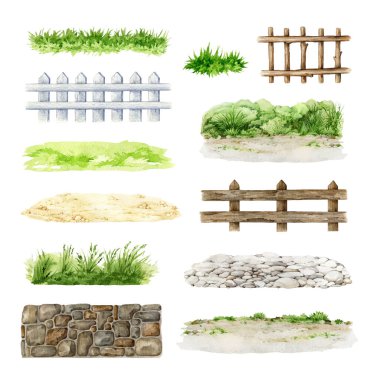 Wooden picket fence, stone wall, green grass ground element set. Vintage style illustration set of different fences for garden, farm paddock, house terrace, backyard and ranch. White background. clipart