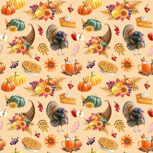 stock image Thanksgiving decor elements festive seamless pattern. Watercolor painted illustration. Hand drawn traditional Thanksgiving decoration, food, turkey bird, flower in warm autumn colors seamless pattern.