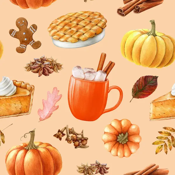 Şükran Günü geleneksel yemekleri ve kusursuz içecekler. Resimli çizim. El yapımı balkabağı, elmalı turta, pasta, karamel latte, tarçın, karanfil elementleri. Sıcak renklerde sonbahar modu.