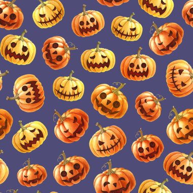 Cadılar Bayramı geleneksel gülümseyen ürkütücü balkabakları kusursuz desenli. El çizimi turuncu, korkutucu Cadılar Bayramı balkabakları koyu arka planda. Paketleme, kumaş ve tekstil için tatil arkaplanı.