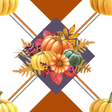 Sonbahar havası parlak balkabağı pürüzsüz desen. Suluboya resim. Farklı sonbahar olgun balkabağı dekoru boyamış. Tekstil, kumaş, duvar kağıdı ve baskı için Şükran Günü koleksiyonu deseni.