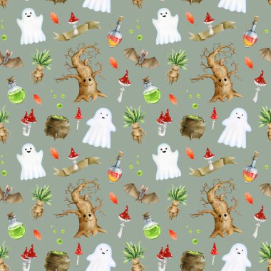 Cadılar Bayramı 'nın ürkütücü dekorları kusursuz. Boyalı hayaletler, sihirli iksir şişesi, yarasa, mantar, adamotu. Cadılar Bayramı tekstil, duvar kağıdı, adaçayı yeşili arka plan baskısı için pürüzsüz desen.