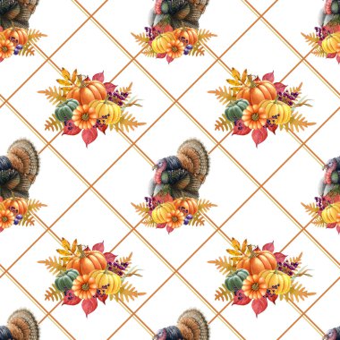 Şükran Günü dekoru kusursuz. Vintage boya çizimi. Hindi, balkabağı ve geometrik elementlerle sonbahar dekoru. Beyaz arka planda kusursuz Şükran Günü deseni.