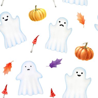 Cadılar Bayramı hayalet dekoru kusursuz desen. El çizimi çizimi. Beyaz arka planda ürkütücü hayaletler, balkabakları, yaprak ve mantar. Cadılar Bayramı için hediye paketi, baskı, ambalaj kağıdı.