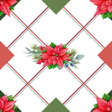 Kış mevsimi dekoru kusursuz. Suluboya çizimi. Noel çiçekli öğeler, çam, okaliptüs, geometrik biçimler ve çizgiler. Kış zamanı geleneksel pürüzsüz desen.