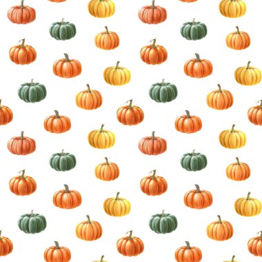 Sonbahar modunda balkabağı pürüzsüz desen. Suluboya resim. El, farklı sonbahar olgun balkabağı dekoru çizmiş. Şükran Günü koleksiyonu beyaz arka planda sıcak renklerde kusursuz desen.