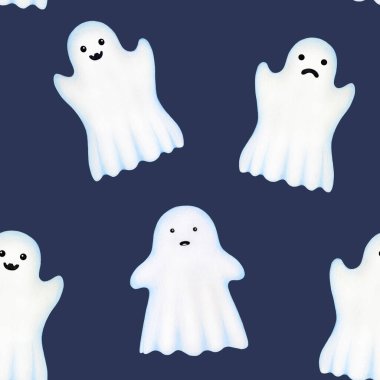 Tuhaf hayaletler Cadılar Bayramı dekorasyonsuz desenli. El çizimi çizimi. Korkunç hayalet, ruh elementleri karanlık arka planda uçar. Cadılar Bayramı için hediye paketi, baskı, ambalaj kağıdı dekorasyonu.